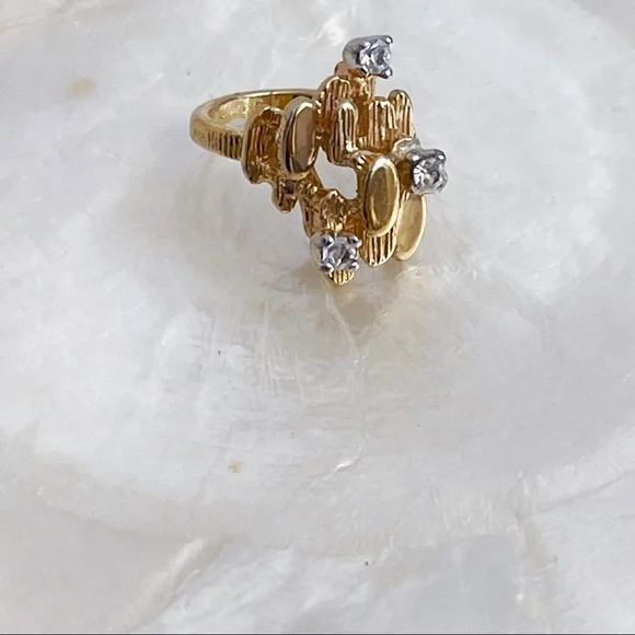 Vintage 18K HGE CZ Abstract Nugget Brutalist Ring Sz 5 Cocktail Statement Ring - Picture 11 of 13